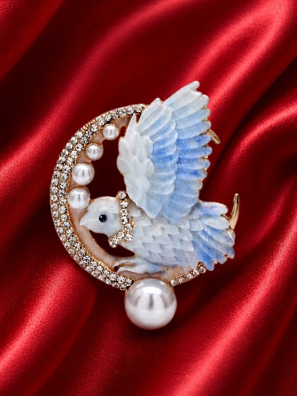 Celestial Classy White Bird Pearl Crystal Gold Brooch